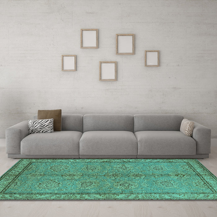 Machine Washable Oriental Turquoise Industrial Area Rugs in a Living Room,, wshurb3081turq