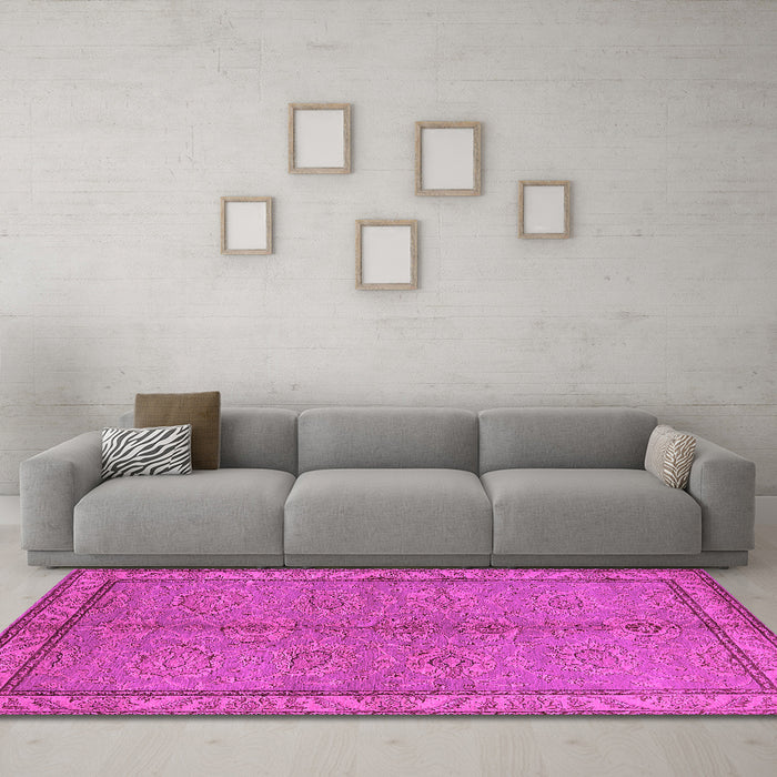 Machine Washable Oriental Pink Industrial Rug in a Living Room, wshurb3081pnk