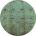 Round Machine Washable Oriental Light Blue Industrial Rug, wshurb3083lblu