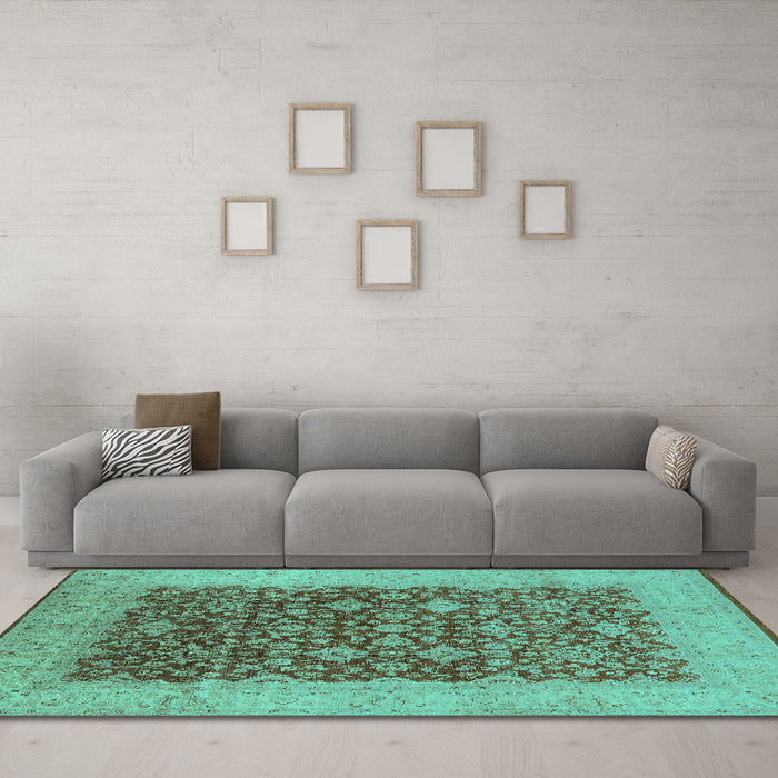 Machine Washable Oriental Turquoise Industrial Area Rugs in a Living Room,, wshurb3086turq