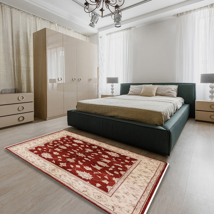 Mid-Century Modern Red Oriental Rug in a Bedroom, urb3087