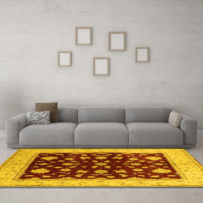Machine Washable Oriental Yellow Industrial Rug in a Living Room, wshurb3087yw