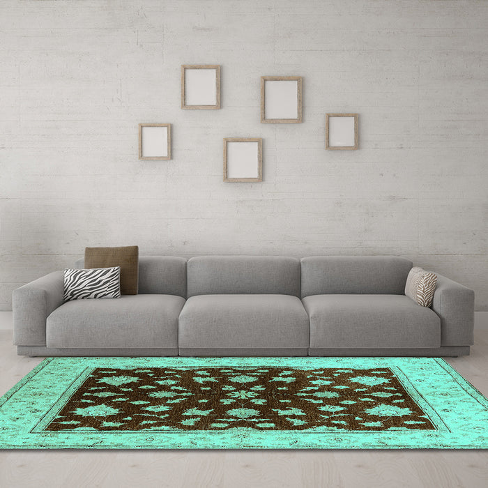 Machine Washable Oriental Turquoise Industrial Area Rugs in a Living Room,, wshurb3087turq