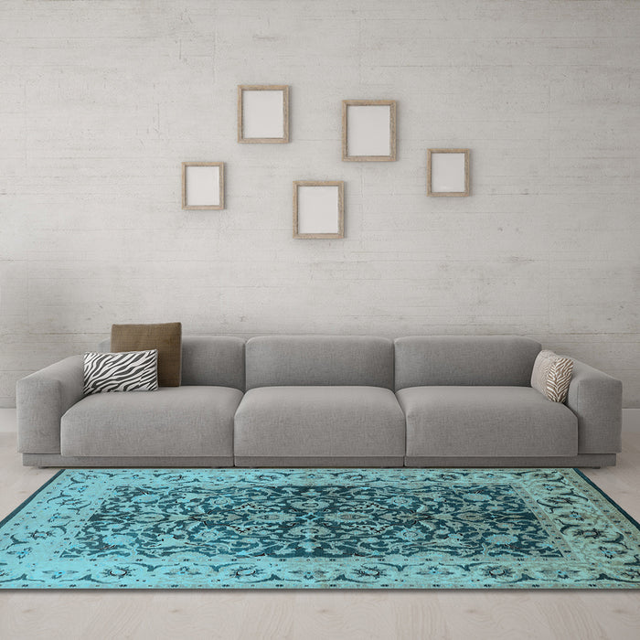 Machine Washable Oriental Light Blue Industrial Rug in a Living Room, wshurb3088lblu