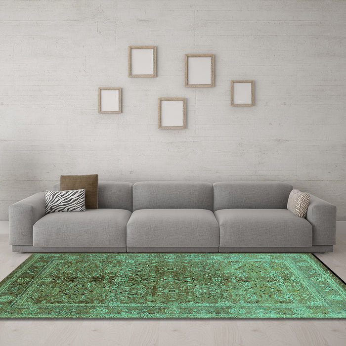 Machine Washable Oriental Turquoise Industrial Area Rugs in a Living Room,, wshurb3089turq