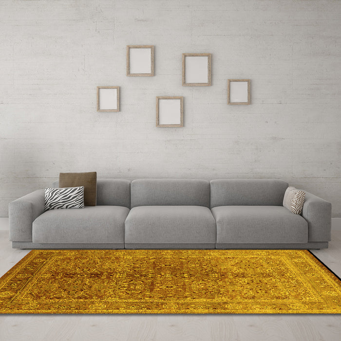 Machine Washable Oriental Yellow Industrial Rug in a Living Room, wshurb3089yw