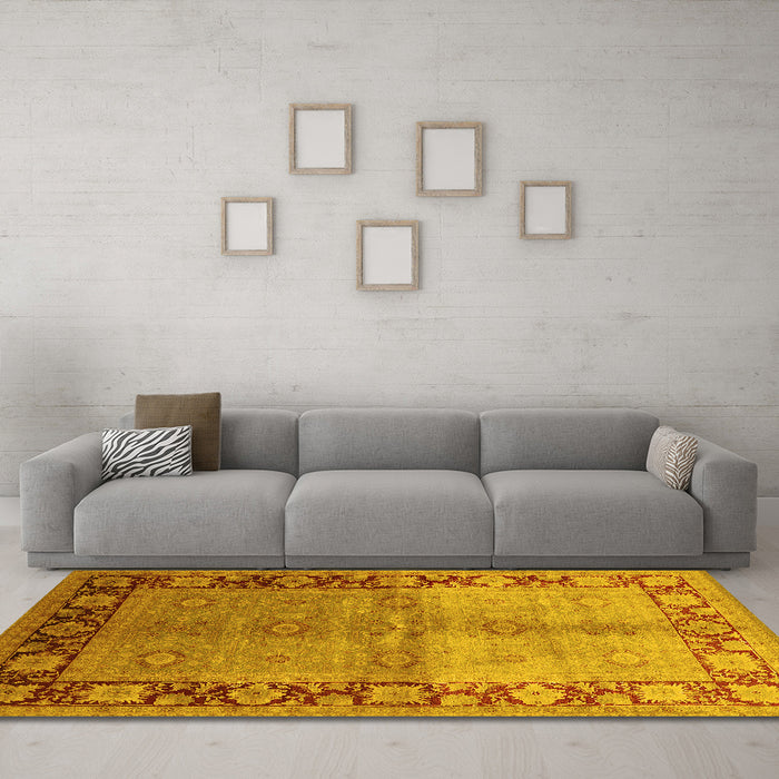 Machine Washable Oriental Yellow Industrial Rug in a Living Room, wshurb3090yw
