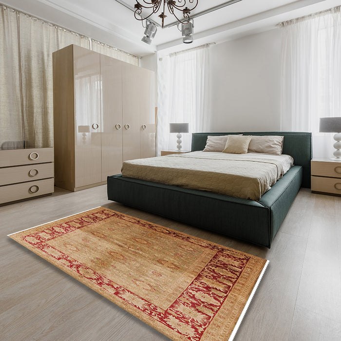 Mid-Century Modern Mahogany Brown Oriental Rug in a Bedroom, urb3090