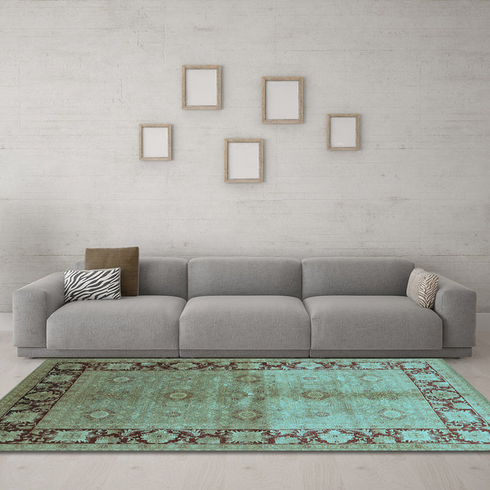 Machine Washable Oriental Light Blue Industrial Rug in a Living Room, wshurb3090lblu