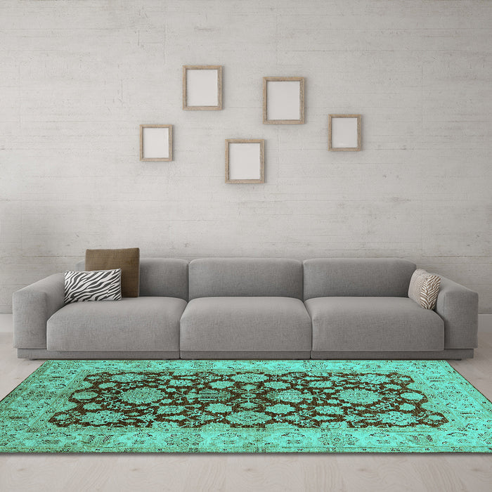 Machine Washable Oriental Turquoise Industrial Area Rugs in a Living Room,, wshurb3091turq