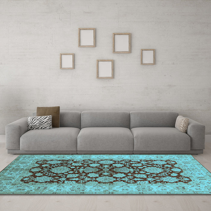 Machine Washable Oriental Light Blue Industrial Rug in a Living Room, wshurb3091lblu