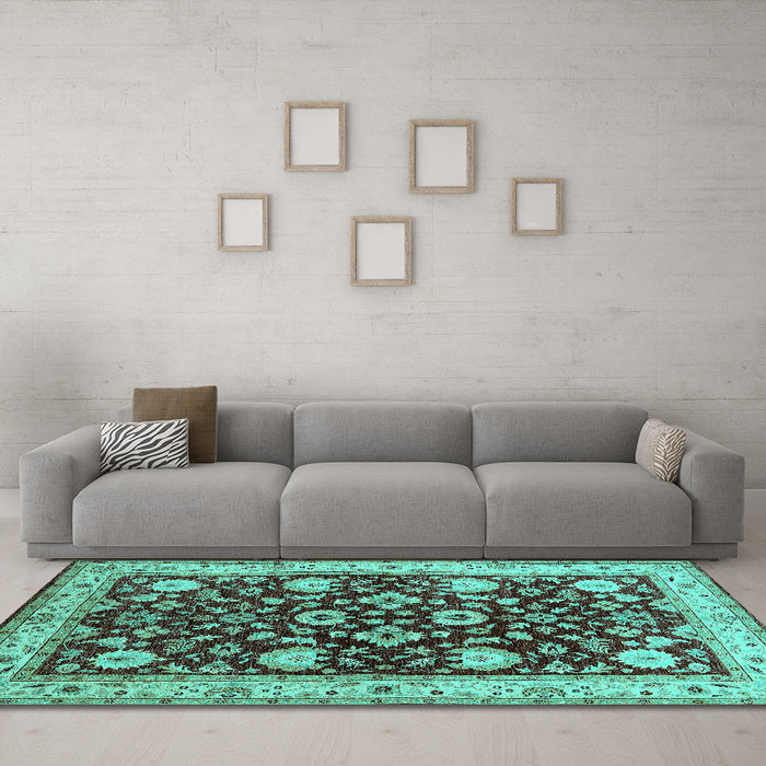 Machine Washable Oriental Turquoise Industrial Area Rugs in a Living Room,, wshurb3092turq