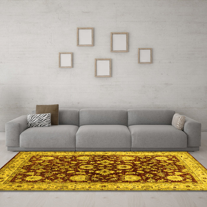 Machine Washable Oriental Yellow Industrial Rug in a Living Room, wshurb3092yw