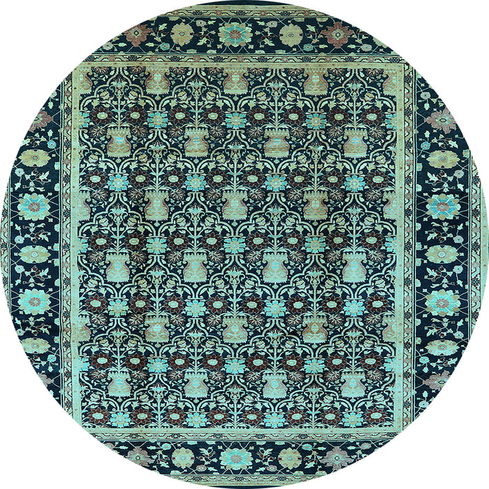 Round Machine Washable Oriental Light Blue Industrial Rug, wshurb3093lblu
