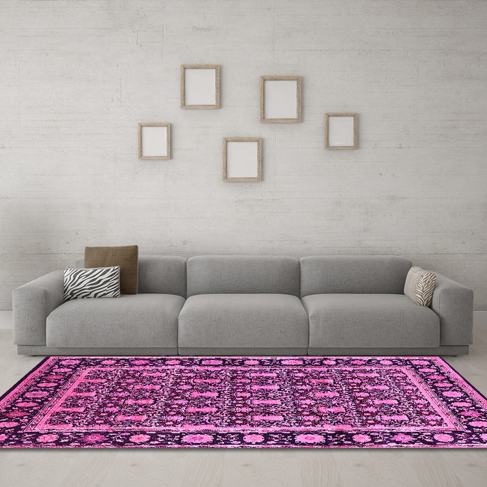 Machine Washable Oriental Pink Industrial Rug in a Living Room, wshurb3093pnk