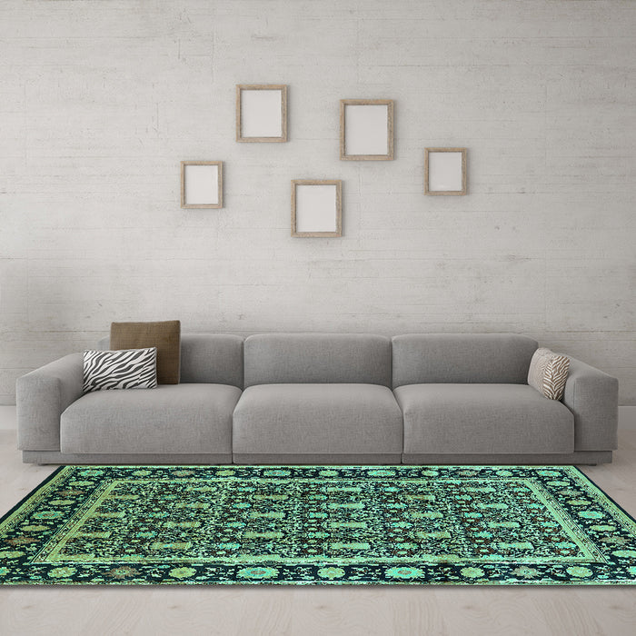 Machine Washable Oriental Turquoise Industrial Area Rugs in a Living Room,, wshurb3093turq