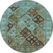 Round Machine Washable Oriental Light Blue Industrial Rug, wshurb3095lblu