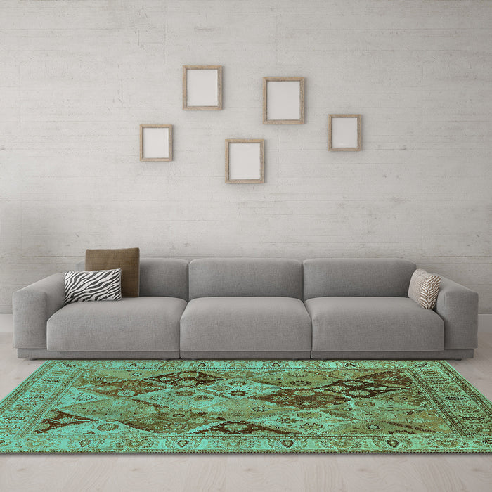 Machine Washable Oriental Turquoise Industrial Area Rugs in a Living Room,, wshurb3095turq