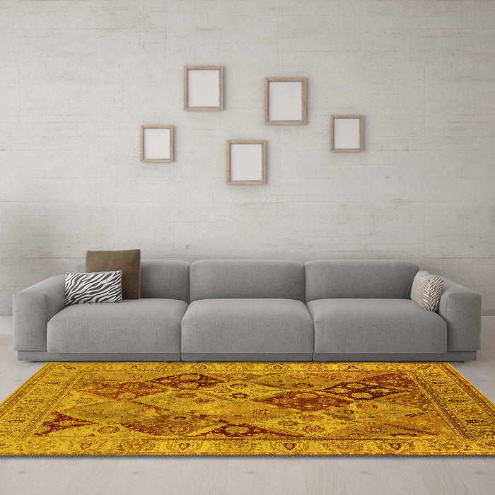 Machine Washable Oriental Yellow Industrial Rug in a Living Room, wshurb3095yw