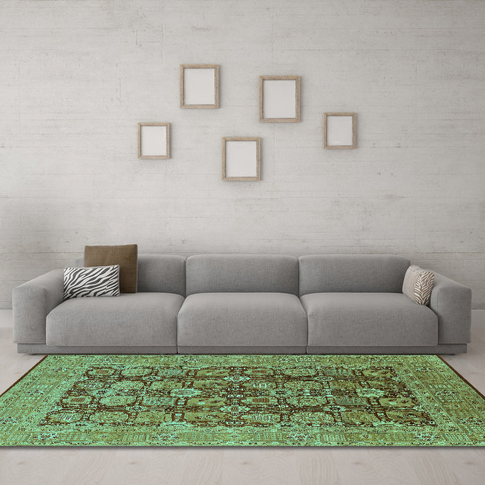 Machine Washable Oriental Turquoise Industrial Area Rugs in a Living Room,, wshurb3096turq