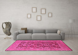Machine Washable Oriental Pink Industrial Rug in a Living Room, wshurb3096pnk