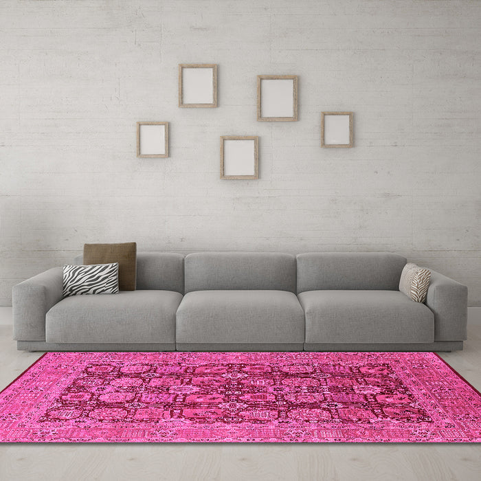 Machine Washable Oriental Pink Industrial Rug in a Living Room, wshurb3096pnk