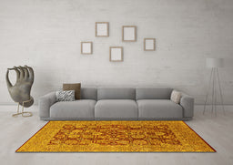 Machine Washable Oriental Yellow Industrial Rug in a Living Room, wshurb3096yw