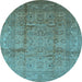 Round Machine Washable Oriental Light Blue Industrial Rug, wshurb3097lblu