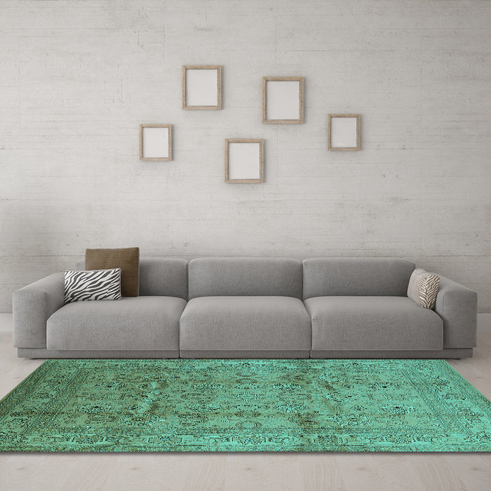 Machine Washable Oriental Turquoise Industrial Area Rugs in a Living Room,, wshurb3097turq