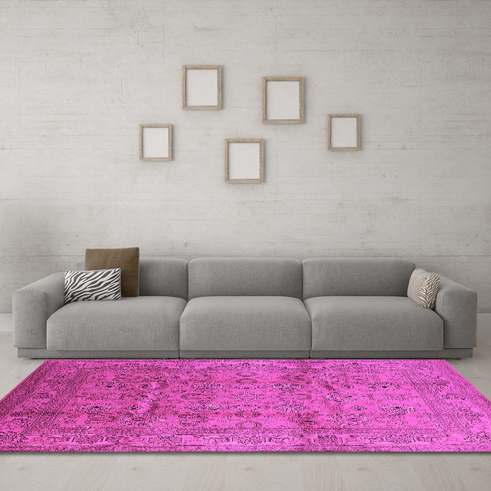 Machine Washable Oriental Pink Industrial Rug in a Living Room, wshurb3097pnk