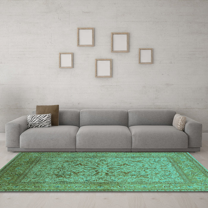 Machine Washable Oriental Turquoise Industrial Area Rugs in a Living Room,, wshurb3098turq