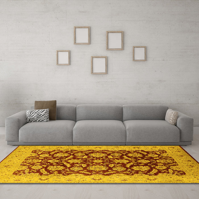 Machine Washable Oriental Yellow Industrial Rug in a Living Room, wshurb3099yw