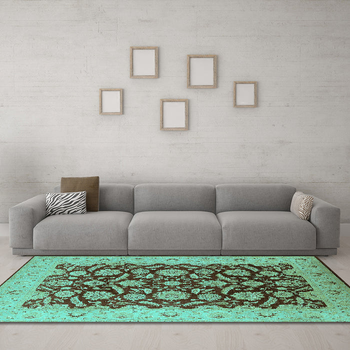 Machine Washable Oriental Turquoise Industrial Area Rugs in a Living Room,, wshurb3099turq