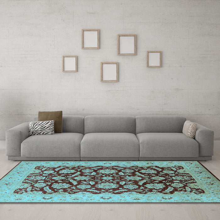 Machine Washable Oriental Light Blue Industrial Rug in a Living Room, wshurb3099lblu