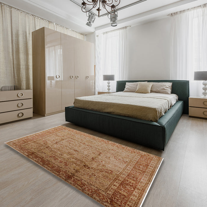 Mid-Century Modern Mahogany Brown Oriental Rug in a Bedroom, urb3100