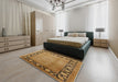 Mid-Century Modern Mahogany Brown Oriental Rug in a Bedroom, urb3102