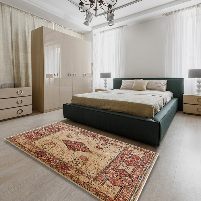Mid-Century Modern Sandy Brown Oriental Rug in a Bedroom, urb3103
