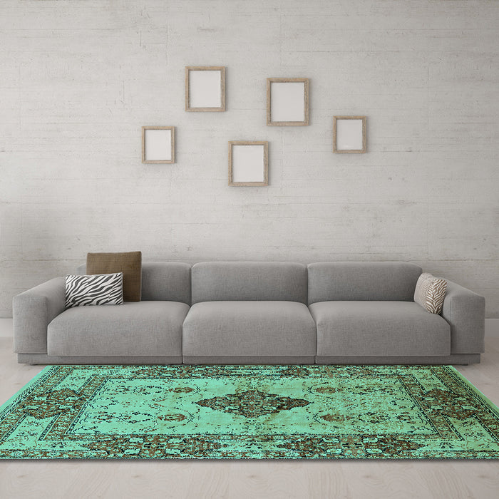 Machine Washable Oriental Turquoise Industrial Area Rugs in a Living Room,, wshurb3103turq