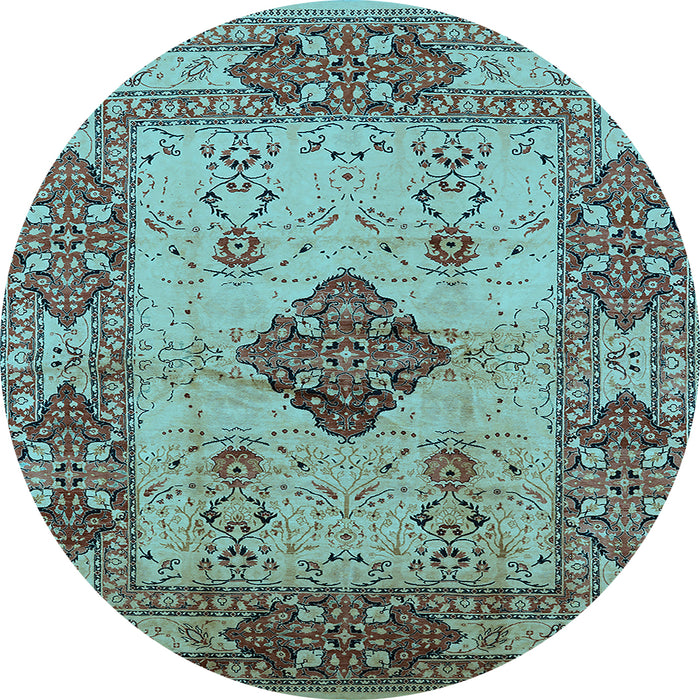Round Machine Washable Oriental Light Blue Industrial Rug, wshurb3103lblu