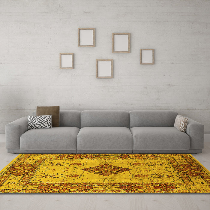 Machine Washable Oriental Yellow Industrial Rug in a Living Room, wshurb3103yw