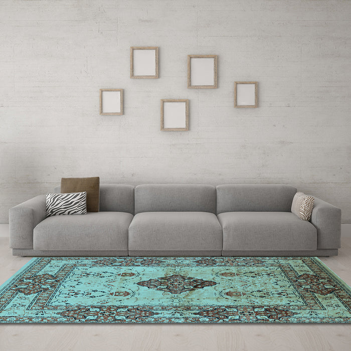 Machine Washable Oriental Light Blue Industrial Rug in a Living Room, wshurb3103lblu