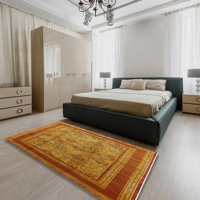 Mid-Century Modern Mahogany Brown Oriental Rug in a Bedroom, urb3105