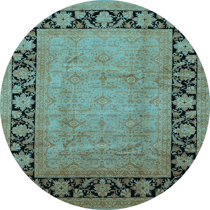 Round Machine Washable Oriental Light Blue Industrial Rug, wshurb3106lblu