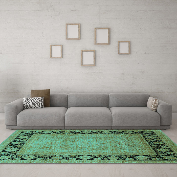 Machine Washable Oriental Turquoise Industrial Area Rugs in a Living Room,, wshurb3106turq