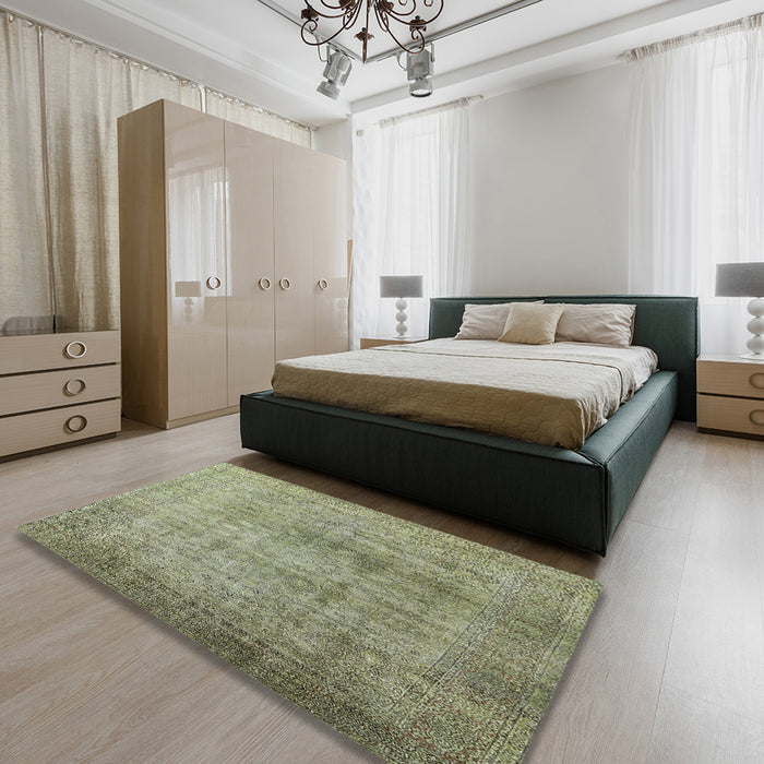 Mid-Century Modern Olive Green Oriental Rug in a Bedroom, urb3109