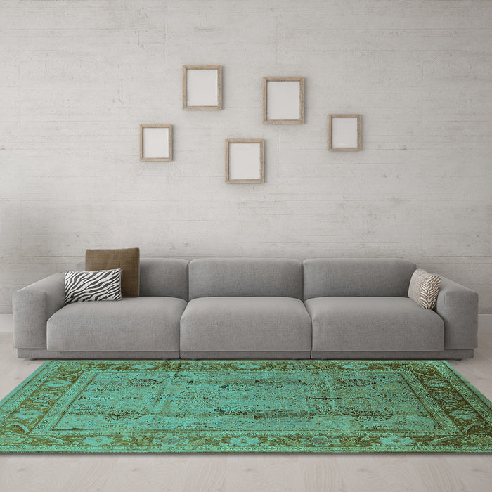 Machine Washable Oriental Turquoise Industrial Area Rugs in a Living Room,, wshurb3111turq