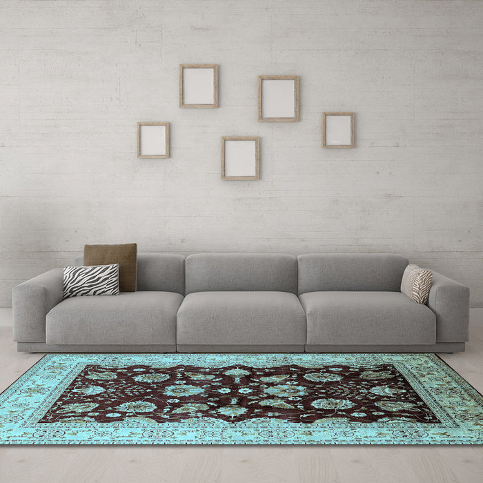 Machine Washable Oriental Light Blue Industrial Rug in a Living Room, wshurb3113lblu