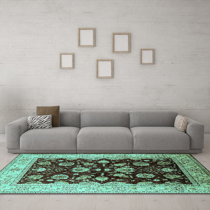 Machine Washable Oriental Turquoise Industrial Area Rugs in a Living Room,, wshurb3113turq