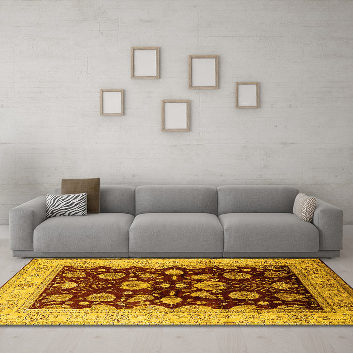 Machine Washable Oriental Yellow Industrial Rug in a Living Room, wshurb3113yw