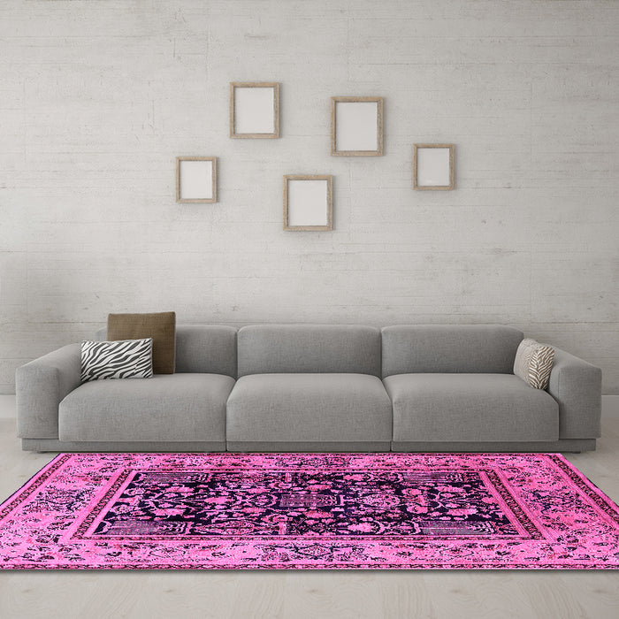 Machine Washable Oriental Pink Industrial Rug in a Living Room, wshurb3118pnk